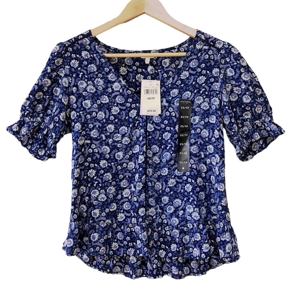 LUCKY BRAND blue floral V-neck short sleeve pullover top  countrycore size XS